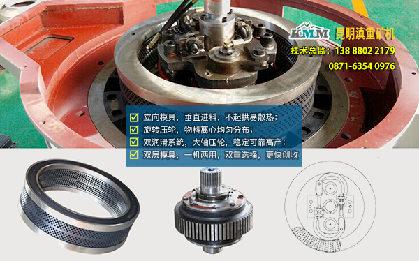 雙層、立向模具、旋轉(zhuǎn)壓輪等顆粒機(jī)內(nèi)部示意圖